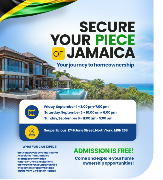 Poster for a Jamaica homeownership event with a resort backdrop; headline reads 'Secure Your Piece of Jamaica' and 'Your journey to homeownership'; dates and address visible; 'Admission is Free' highlighted in green.